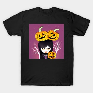 Gothy Witch Girl with Pumpkin Friends In Halloween Cheer T-Shirt